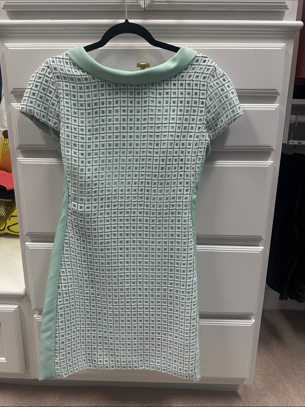 Mint Green Grid Shift Dress with Contrast Collar